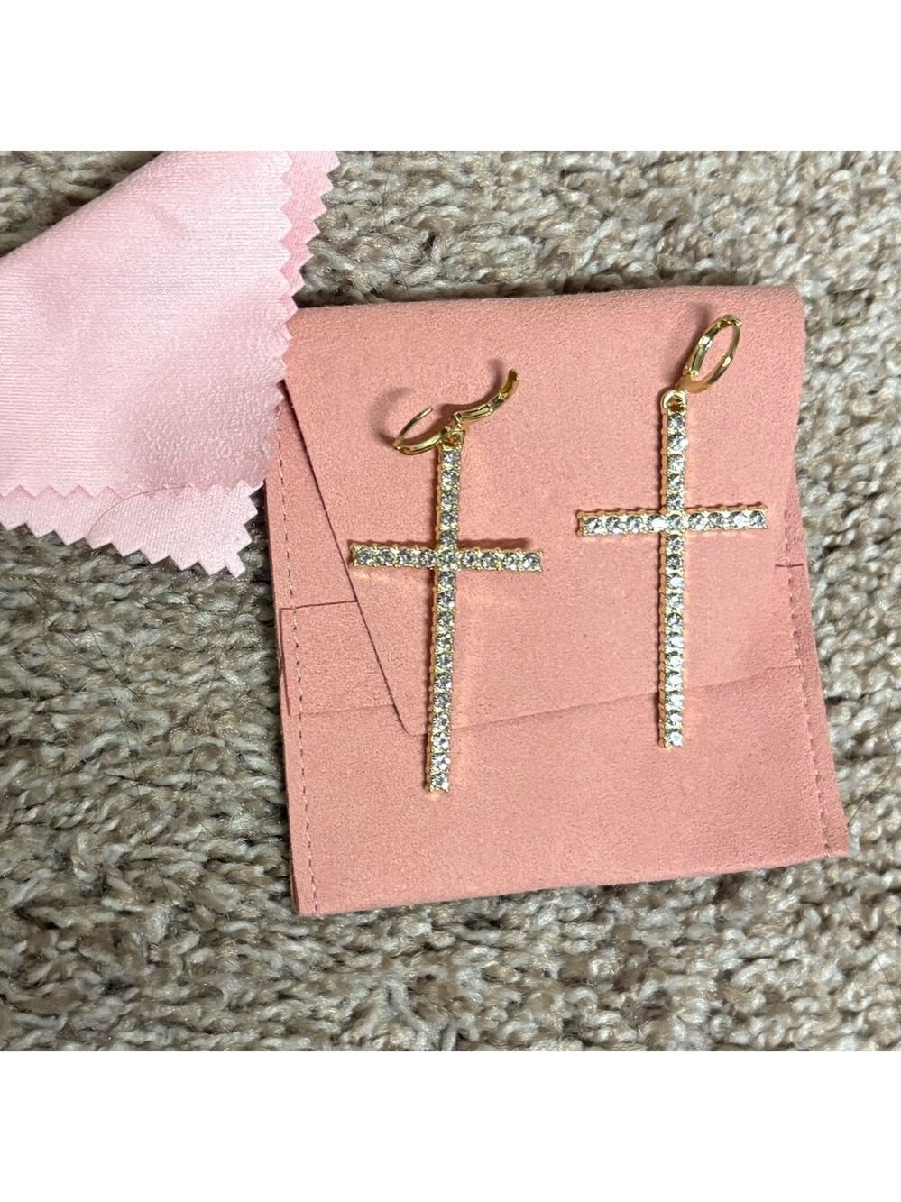 New cross earrings yellow gold cubic zirconia cz 2 inch religious jewelry NWOT - Picture 5 of 11